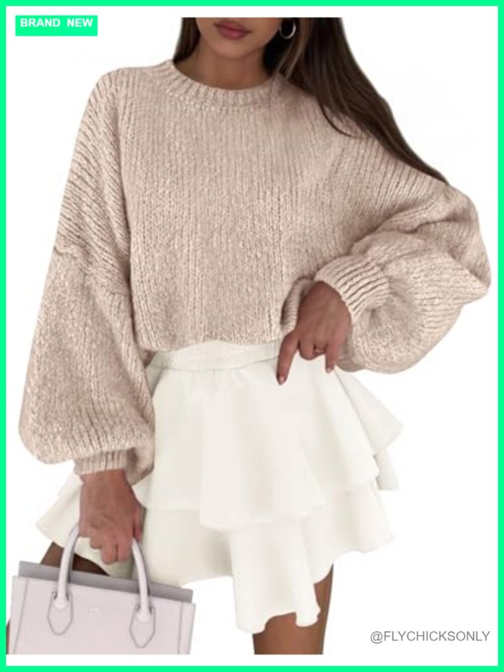 Chunky Knit Oversized Pullover Sweater Lantern Sleeve Crew Neck